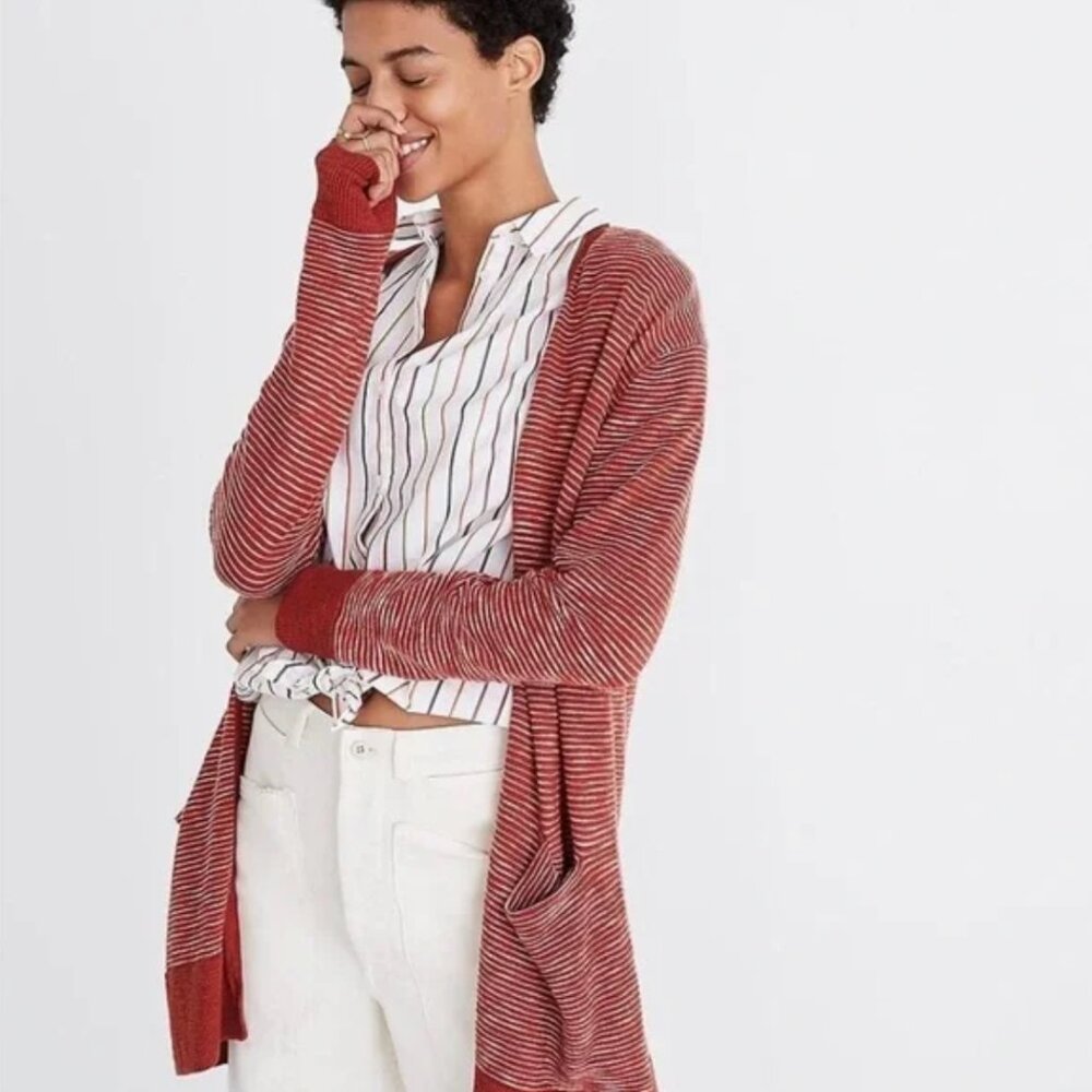Madewell Summer Ryder Cardigan Sweater in Burnt Orange Stripe XS